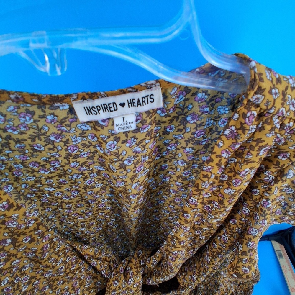Inspired Hearts Maxi Dress Womens Large Mustard Floral Tie Front Cutout Tiered - Picture 4 of 7